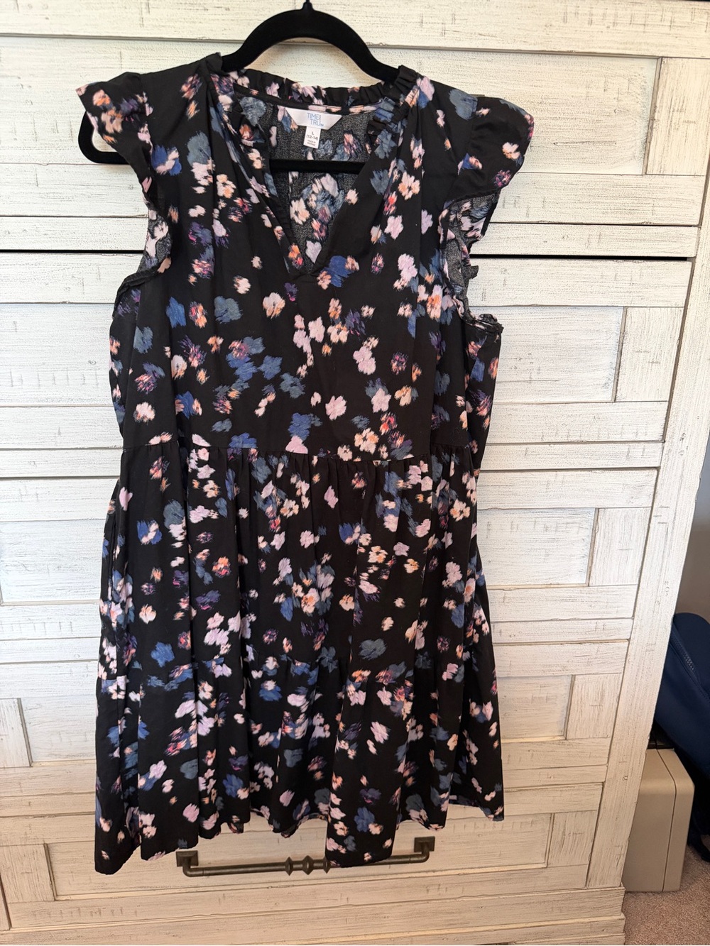 Time and Tru Black Floral V-Neck Ruffle Sleeve Dress with Pink and Blue Blooms
